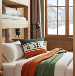 Ski Themed Soft Velvet Orange and Green Cushion