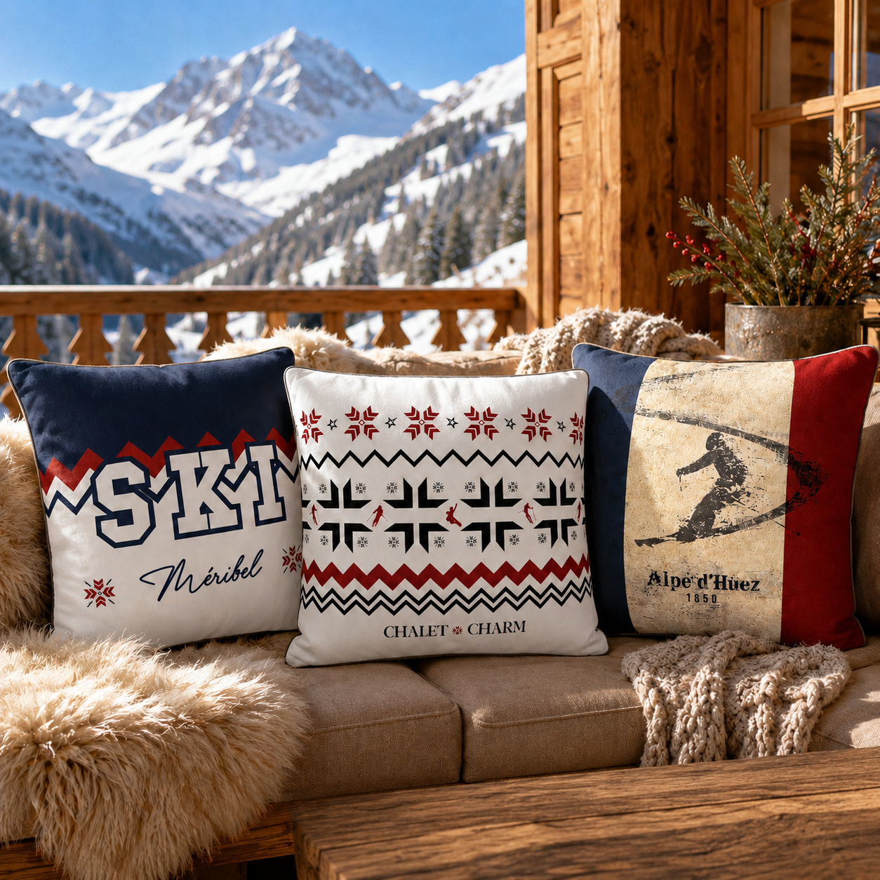 Three ski themed cushions with customisation on a alpine balcony