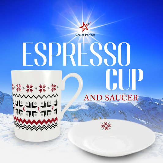 Snowflake Fine China Espresso Cup and Saucer with Skiers and Snowboarders