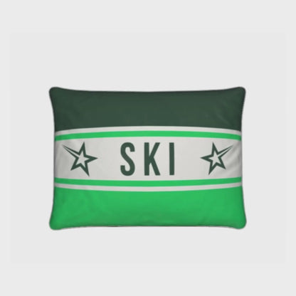 Ski Themed Velvet Cushion in Green