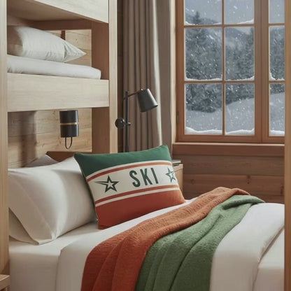 Ski Themed Soft Velvet Orange and Green Cushion