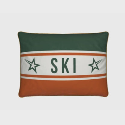 Ski Themed Soft Velvet Orange and Green Cushion