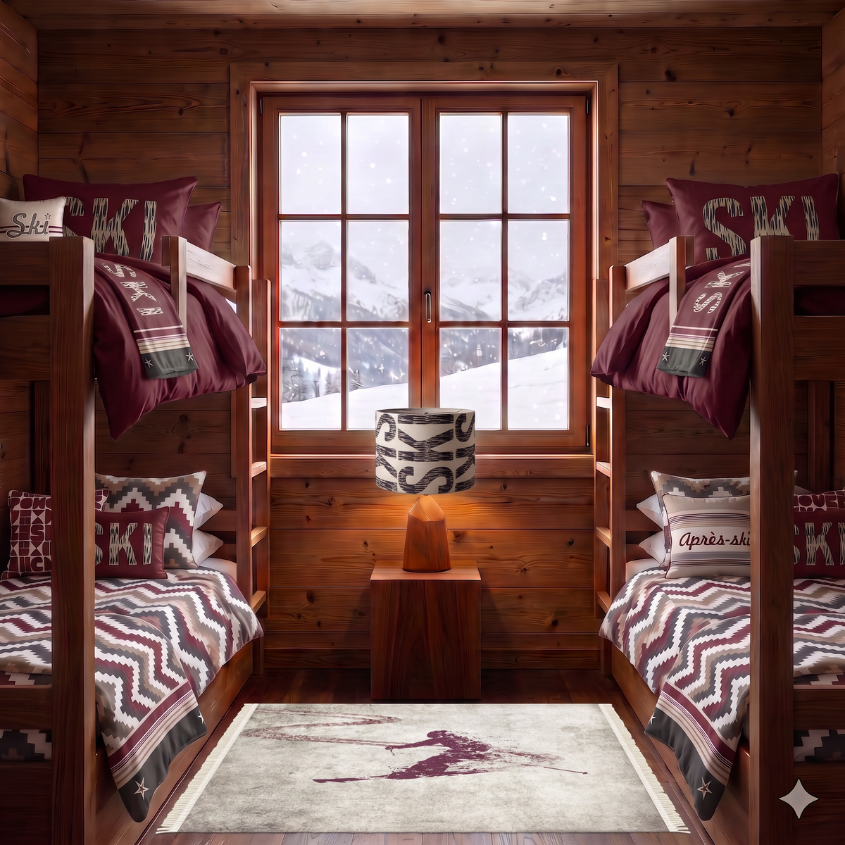 Burgundy Skier Themed Floor Rug