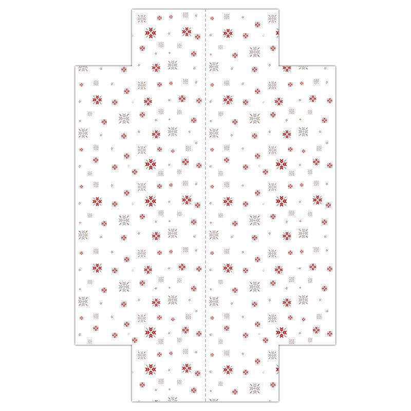 White fitted sheet with red, and silver snowflakes