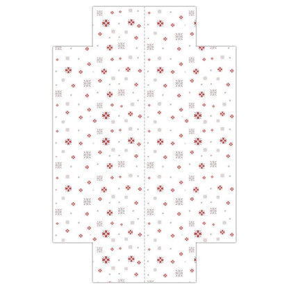 White fitted sheet with red, and silver snowflakes