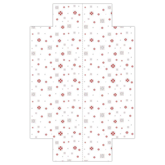 White fitted sheet with red, and silver snowflakes