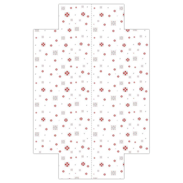 White fitted sheet with red, and silver snowflakes