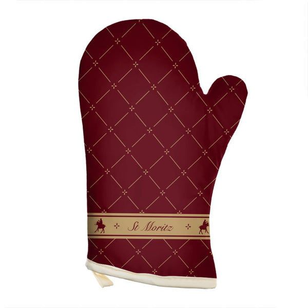 Burgundy and Gold Oven Glove with Snow Polo and St Moritz Theme