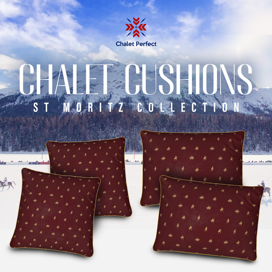 St Moritz Snow Polo Themed Burgandy Rectangle and Square Gold Cushions